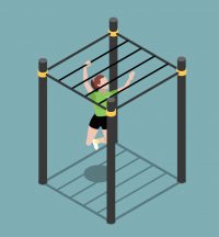 Street workout warm up and exercises on sports equipment isometric icons isolated on turquoise background vector illustration
